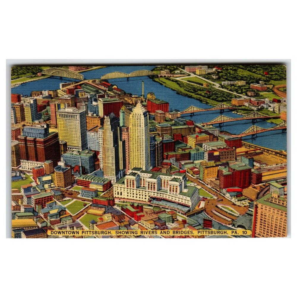 Vintage Linen Postcard: Downtown Pittsburgh PA Cityscape Rivers Bridges